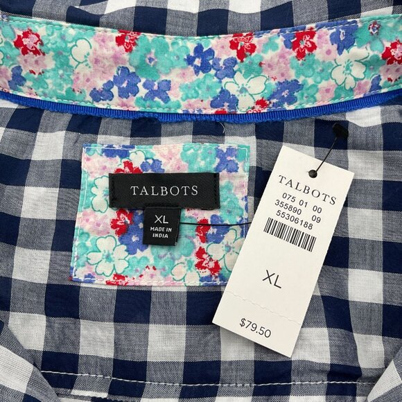 Talbots Long Sleeve Fitted Nvy Gingham Button Front Floral Contrast Shirt NWT XL - Picture 6 of 8